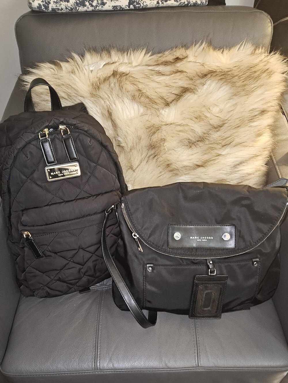 Marc Jacobs Black Quilted Backpack & Black Nylon Messenger Crossbody Combo